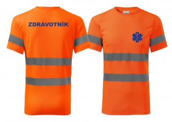 Poháry.com® Reflexní tričko oranžová Zdravotník modrý potisk XS pánské