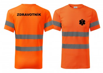Poháry.com® Reflexní tričko oranžová Zdravotník černý potisk XS pánské