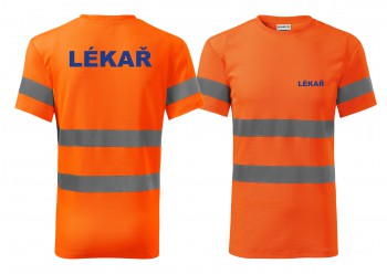 Poháry.com® Reflexní tričko oranžová Lekář modrý potisk XXXL pánské