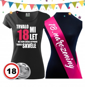 Poháry.com® Dámské narozeninové tričko se šerpou a plackou k 18. narozeninám XS dámské