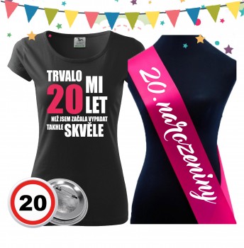 Poháry.com® Dámské narozeninové tričko se šerpou a plackou k 20. narozeninám