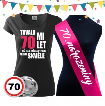 Poháry.com® Dámské narozeninové tričko se šerpou a plackou k 70. narozeninám XS dámské