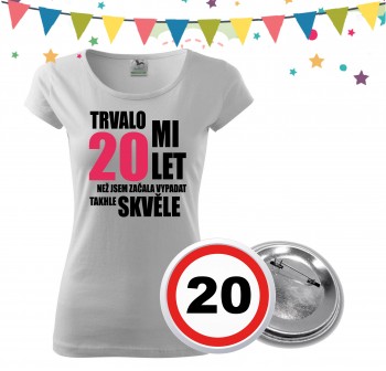 Poháry.com® Dámské narozeninové tričko s plackou k 20. narozeninám - bílé S dámské