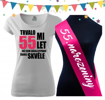 Poháry.com® Dámské narozeninové tričko se šerpou k 55. narozeninám - bílé M dámské