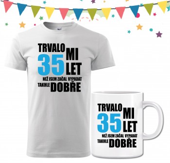 Poháry.com® Narozeninové tričko s hrnečkem k 35. narozeninám - bílé XL pánské