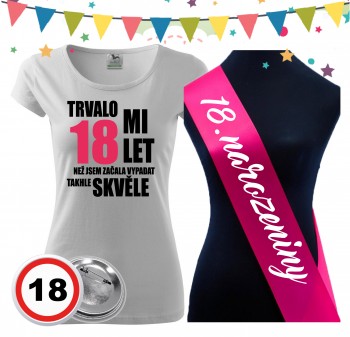 Poháry.com® Dámské narozeninové tričko se šerpou a plackou k 18. narozeninám - bílé M dámské