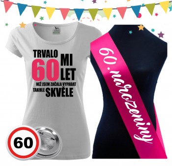 Poháry.com® Dámské narozeninové tričko se šerpou a plackou k 60. narozeninám - bílé XXL dámské