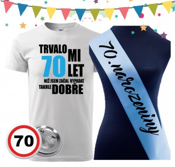 Poháry.com® Narozeninové tričko se šerpou a plackou k 70. narozeninám - bílé L pánské