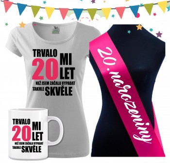 Poháry.com® Dámské narozeninové tričko se šerpou a hrnkem k 20. narozeninám - bílé XL dámské